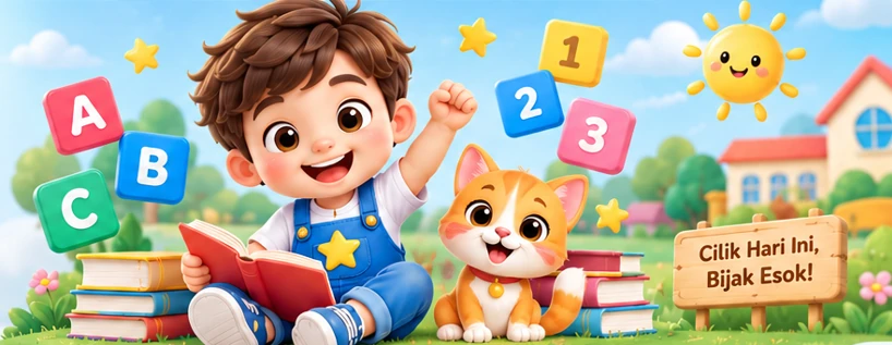 Kanak-kanak lelaki ceria membaca buku bersama anak kucing, dikelilingi blok huruf A B C dan nombor 1 2 3